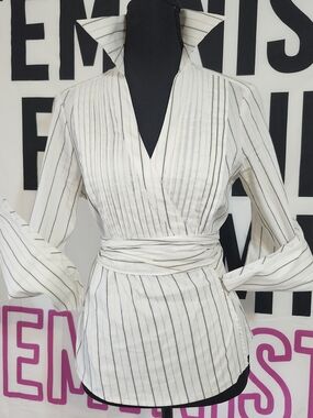 EUC White Pinstripe Tuxedo Wrap Around Shirt